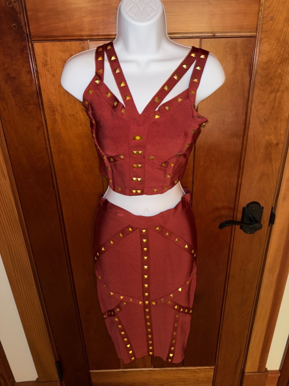 bebe Rust Red Studded Crop Top & Pencil Skirt Set